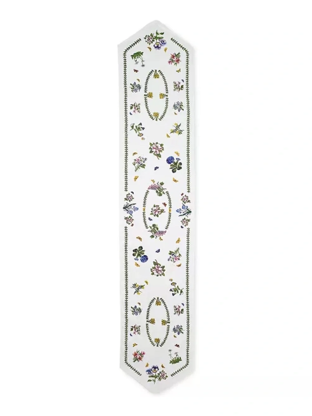 Portmeirion White Floral Embroidered Table Runner with Green Vine Border